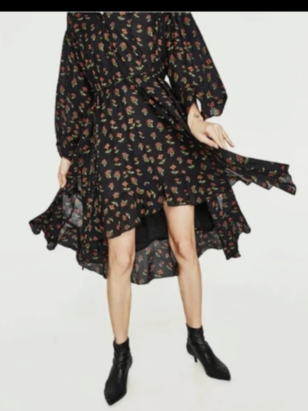 Zara Black Orange Floral Loose Fitting Oversized Midi Dress Size XS - Picture 5 of 5